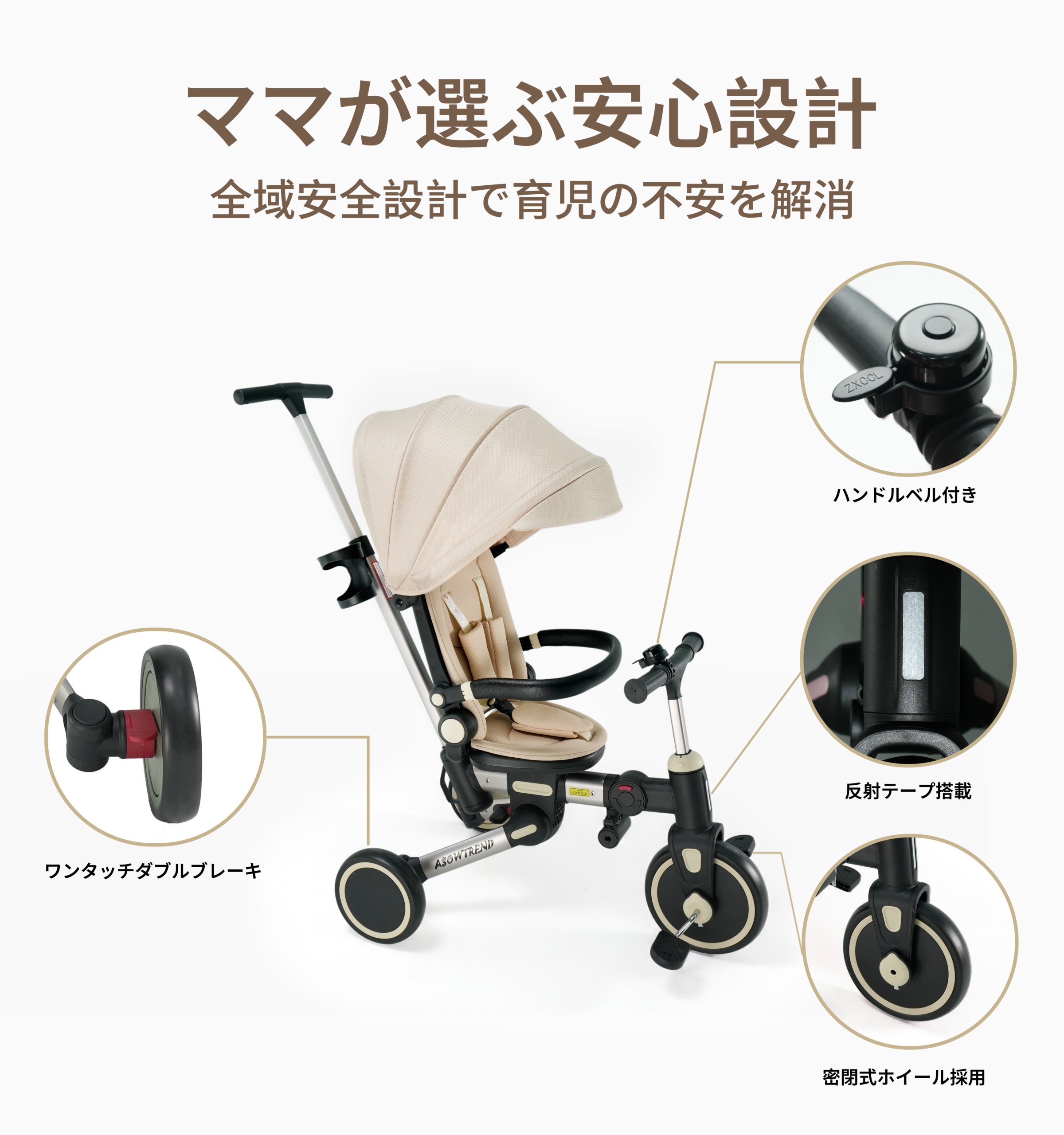 ASOWTREND 子供用三輪車 7in1 折りたたみ 手押し棒付き ステップ付き 三輪車| 1歳〜3歳対応 自転車 乗用玩具 キッズバイク| コンパクト収納 ペダルロック 安全バー 日よけカバー付き| おもちゃ プレゼント お祝い ギフト - 画像 (4)