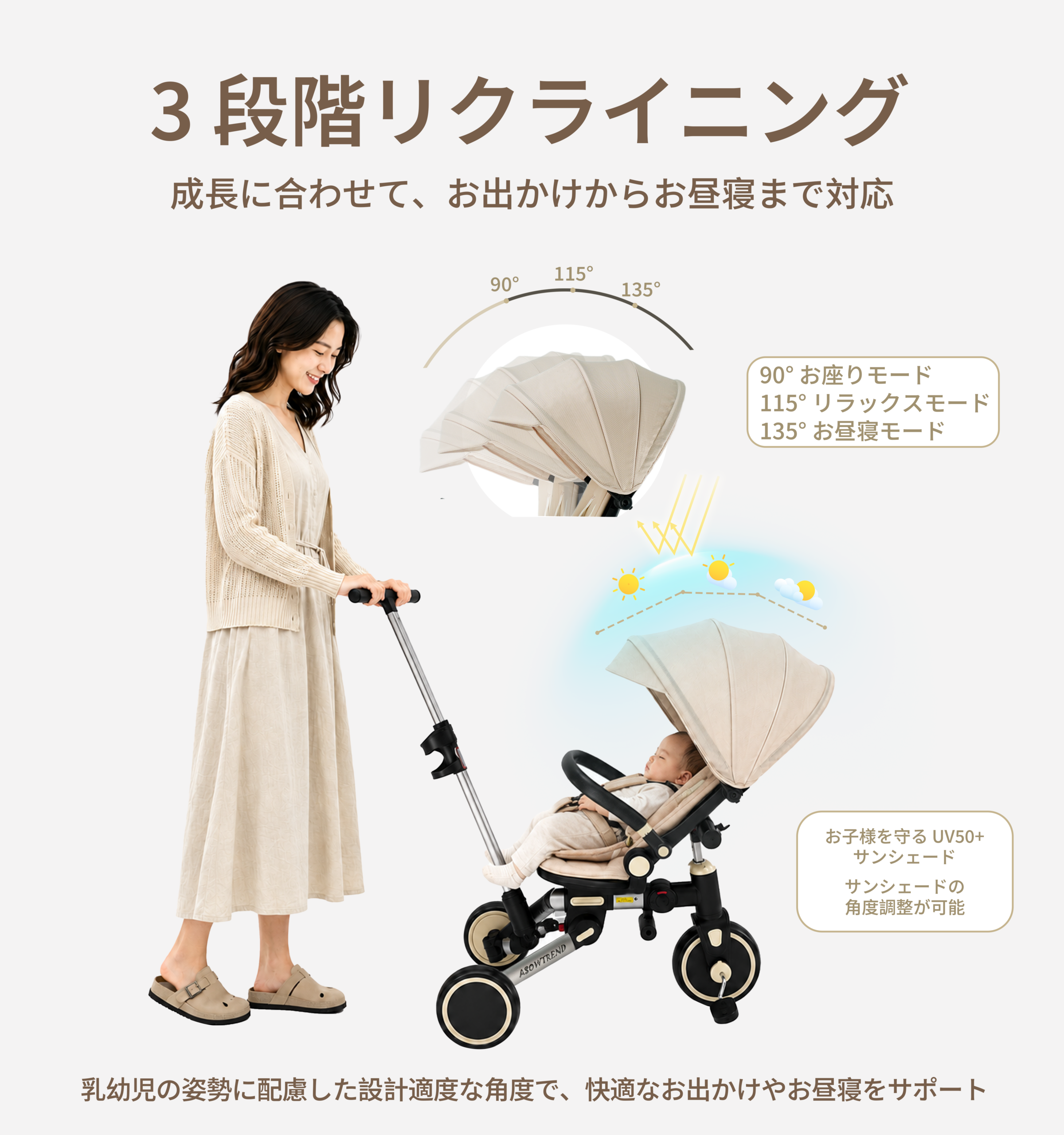 ASOWTREND 子供用三輪車 7in1 折りたたみ 手押し棒付き ステップ付き 三輪車| 1歳〜3歳対応 自転車 乗用玩具 キッズバイク| コンパクト収納 ペダルロック 安全バー 日よけカバー付き| おもちゃ プレゼント お祝い ギフト - 画像 (5)